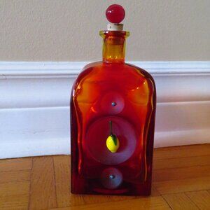 VTG Rikaro orange Art Glass Bottle w lemon Stopper Czech Republic manganese